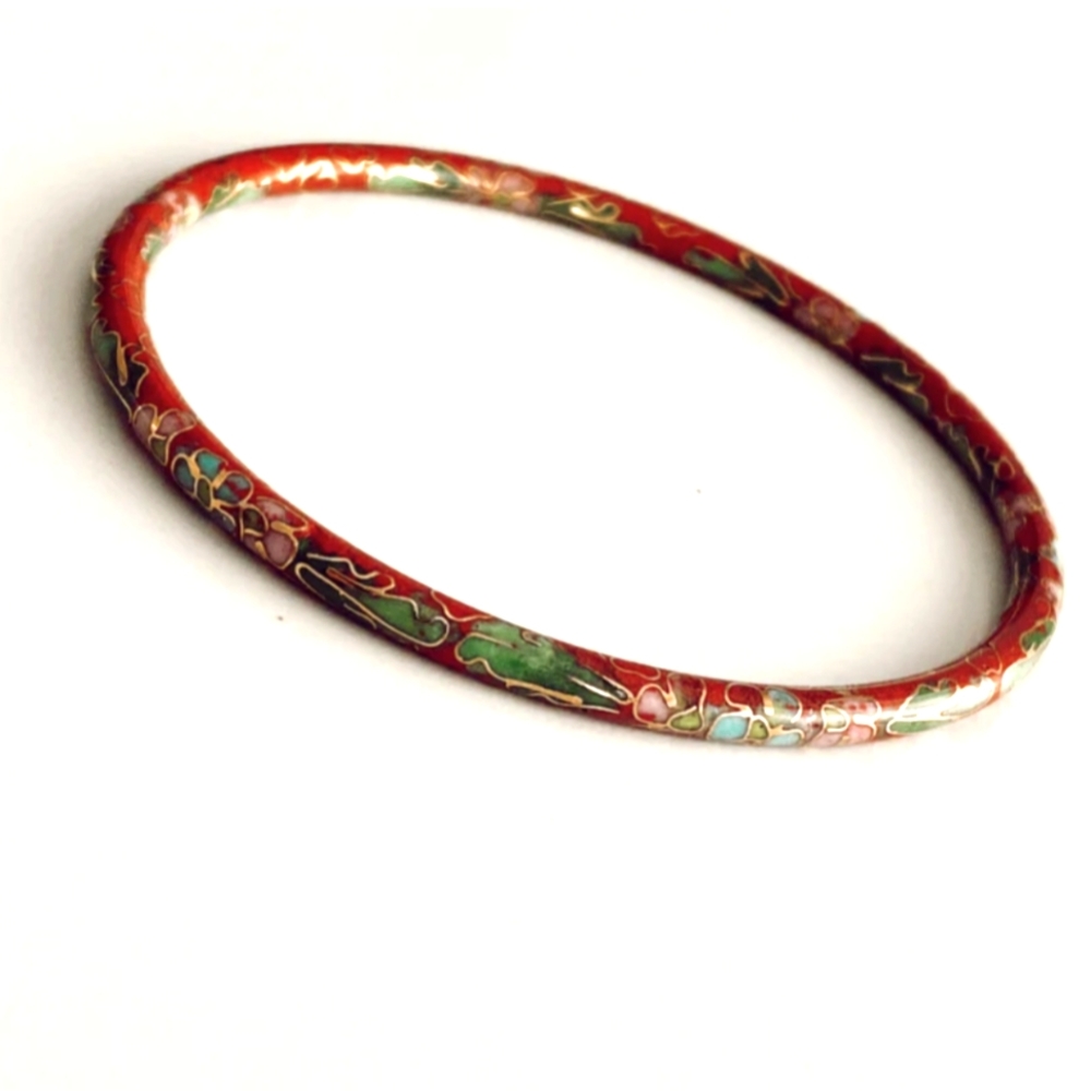 Vintage Chinese Cloisonne Burnt Orange Red Floral Bangle Bracelet 4mm 2.…
